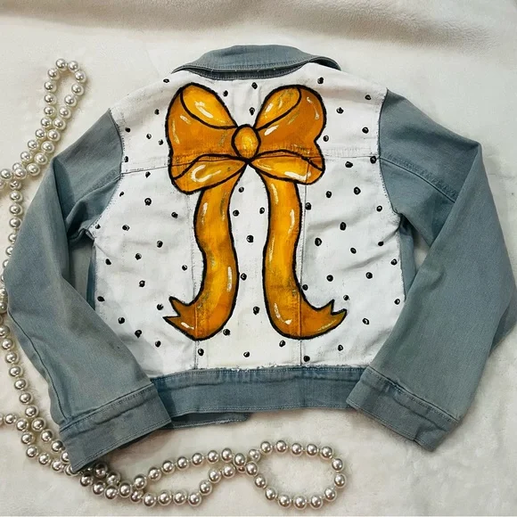 Kids Hand-Painted Denim Jacket with Orange Bow Design - Picture 2 of 12